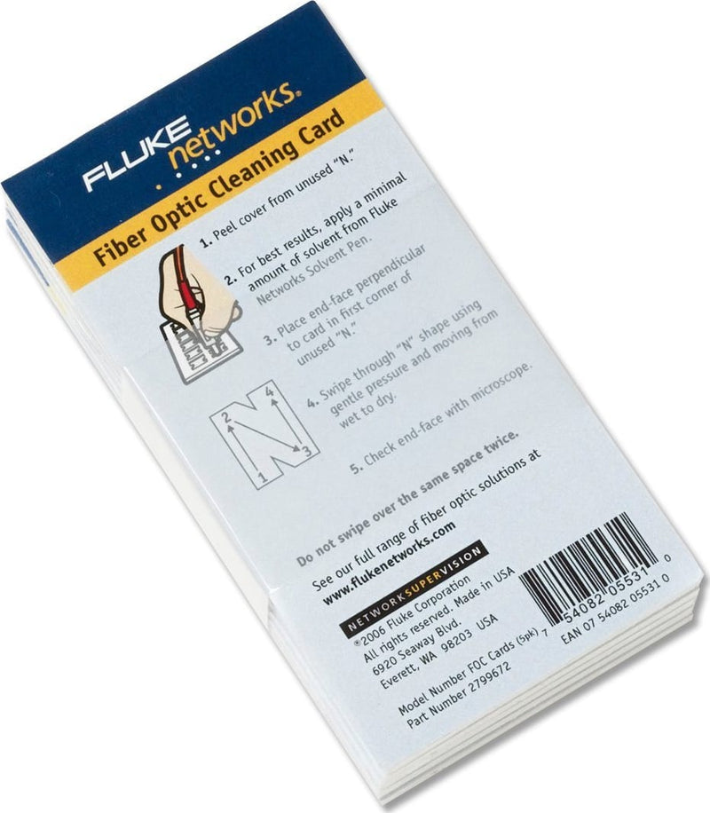 Fluke NFC-CARDS-5PK Fiber Optic Cleaning Cards (5 Pack), Each Card Cleans 12 Faces (Item no. 2799672)